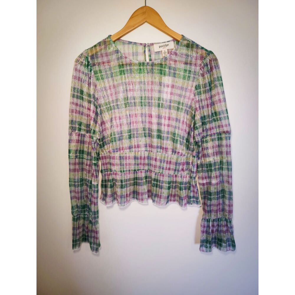NWT Porridge Anthropologie Metallic Plaid Bell Sleeve Fairycore Twee Peplum Top